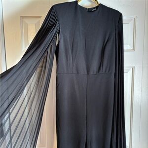 SHEIN Chic Black Jumpsuit with Sheer Mesh Pleated Sleeves - Size L